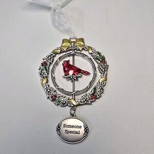 Cardinal Someone Special Holly Wreath Silver Multi  Enamel Christmas Ornament